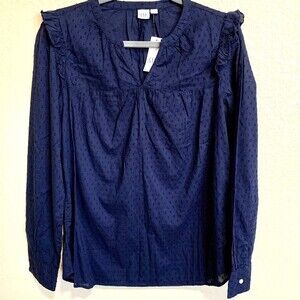 GAP Blue top women V neckline Swiss Dot Long sleeve blouse Sz S cottage core